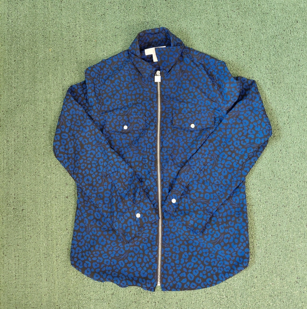 Womens Michael Kors Full Zip Blue Animal Print Long Sleeve Collared Top Size Med